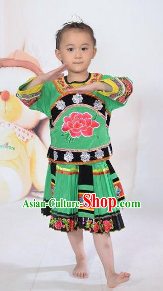 Traditional Chinese Yi Nationality Dance Embroidery Costume, Folk Dance Ethnic Dance Green Dress for Kids