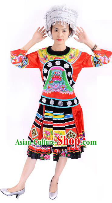 Traditional Chinese Miao Nationality Folk Dance Costume China Hmong Ethnic Minority Red Dress for Women