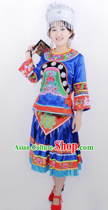 Traditional Chinese Miao Nationality Folk Dance Costume China Hmong Ethnic Minority Blue Dress for Women