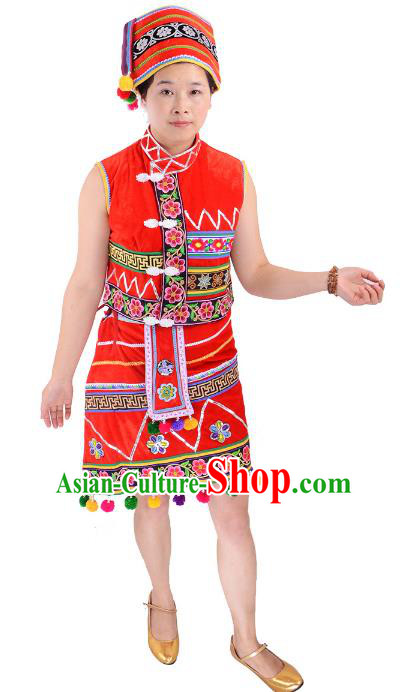 Traditional Chinese Gaoshan Nationality Folk Dance Costume China Ethnic Minority Red Dress for Women