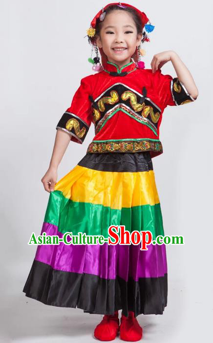 Traditional Chinese Yi Nationality Red Costume, China Yi Ethnic Folk Dance Clothing for Kids