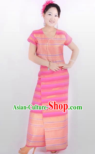 Traditional Chinese Dai Nationality Costume, China Peacock Dance Folk Dance Pink Dress for Women