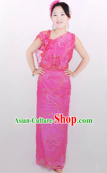 Traditional Chinese Dai Nationality Peacock Dance Costume, Folk Dance Ethnic Pavane Rosy Dress for Women