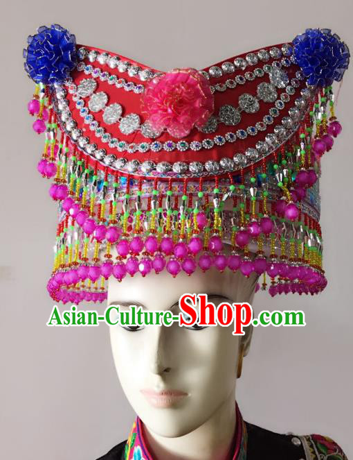 Traditional Chinese Yi Nationality Minority Beads Tassel Hats Hair Accessories Ethnic Headwear for Women