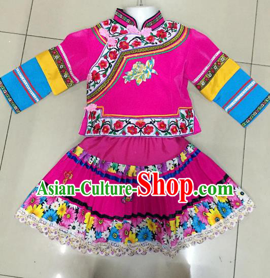 Traditional Chinese Yi Nationality Dance Embroidered Costume Folk Dance Ethnic Rosy Dress Clothing for Kids