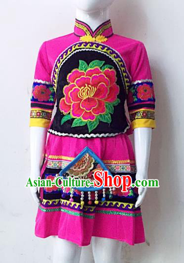 Traditional Chinese Yi Nationality Minority Embroidered Costume Rosy Dress Folk Dance Clothing for Kids