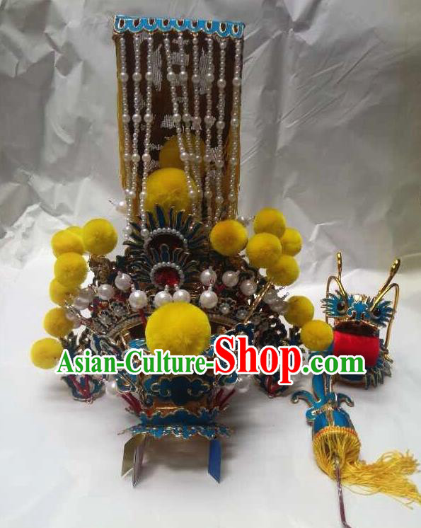 Traditional Chinese Beijing Opera Emperor Helmet Hair Accessories Peking Opera Padishah Golden Tassel Hats Headwear