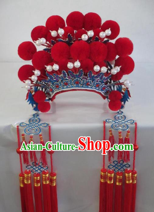 Traditional Chinese Beijing Opera Hair Accessories Red Pompon Phoenix Coronet Peking Opera Actress Headwear