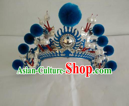 Traditional Chinese Beijing Opera Female Soldier Blue Venonat Helmet Peking Opera Actress Headwear