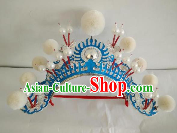 Traditional Chinese Beijing Opera Female Soldier White Venonat Helmet Peking Opera Actress Headwear