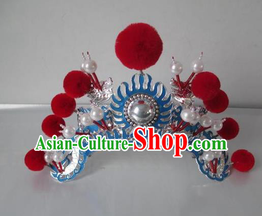 Traditional Chinese Beijing Opera Female Soldier Red Venonat Helmet Peking Opera Actress Headwear