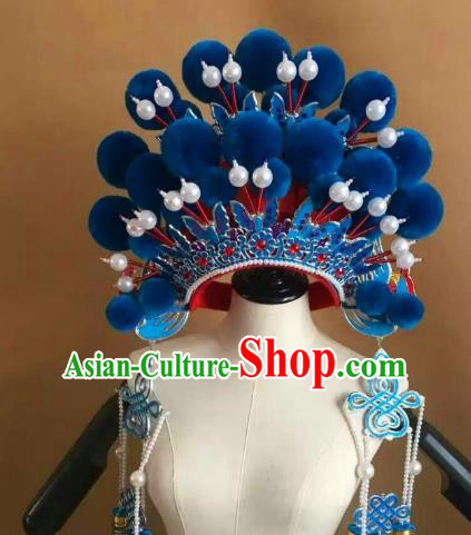 Traditional Chinese Beijing Opera Diva Blue Venonat Phoenix Coronet Peking Opera Actress Hats Headwear