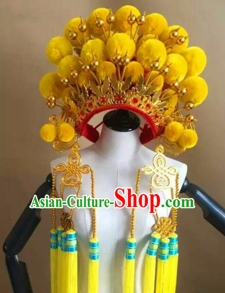 Traditional Chinese Beijing Opera Diva Yellow Venonat Phoenix Coronet Peking Opera Actress Hats Headwear