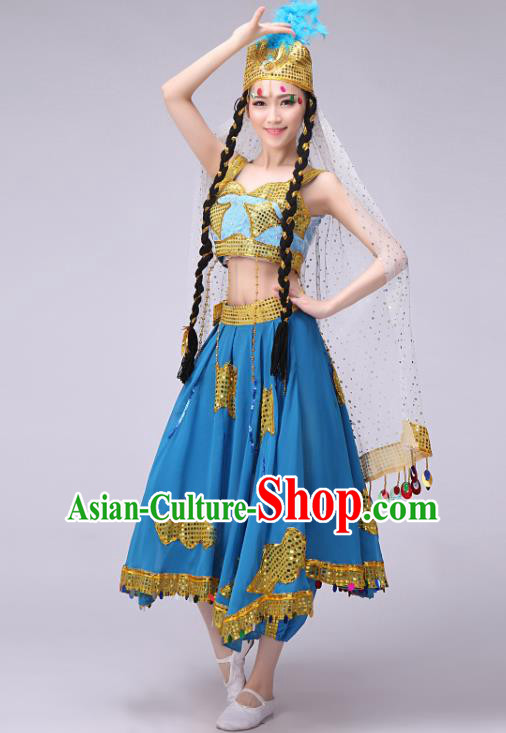 Traditional Chinese Uyghur Nationality Dancing Costume, Chinese Uigurian Minority Nationality Dance Blue Dress for Women