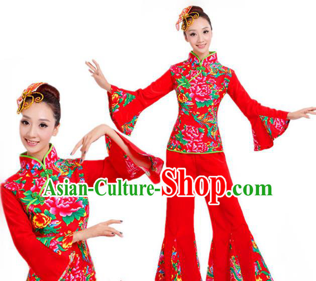 Traditional Chinese Folk Dance Costume, Chinese Yangko Drum Dance Red Clothing for Women