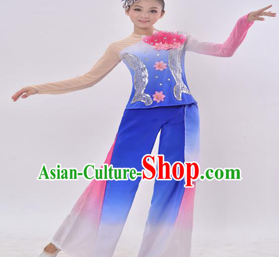 Traditional Chinese Folk Dance Fan Dance Blue Costume, Chinese Yangko Drum Dance Clothing for Women