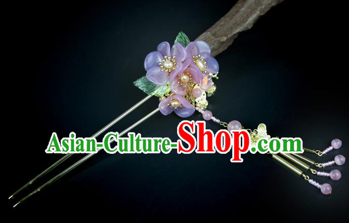 Chinese Ancient Handmade Hair Accessories Purple Flowers Hair Clips Tassel Step Shake Hairpins for Women