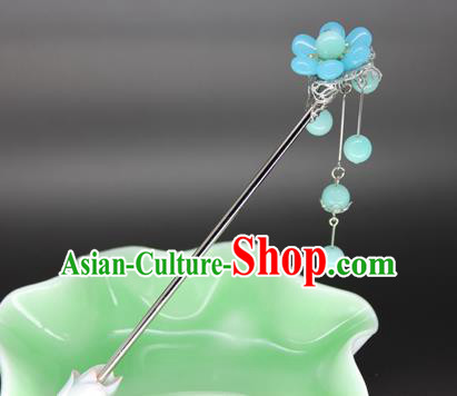 Chinese Ancient Handmade Hair Accessories Blue Beads Tassel Step Shake Hair Stick Hairpins for Women