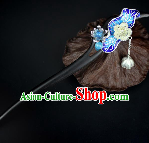 Chinese Ancient Handmade Hair Accessories Classical Ebony Hairpins Blueing Lotus Leaf Hair Clips for Women