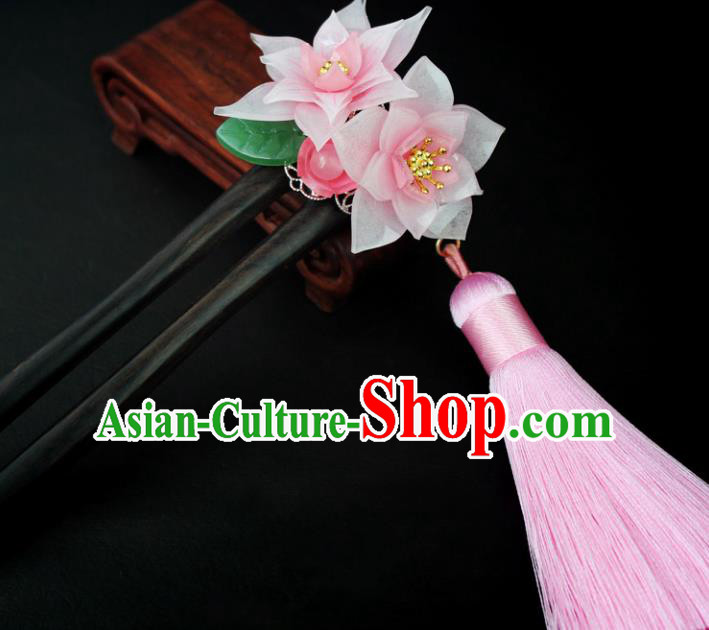 Chinese Ancient Handmade Hair Accessories Classical Hairpins Pink Lotus Tassel Hair Clips for Women