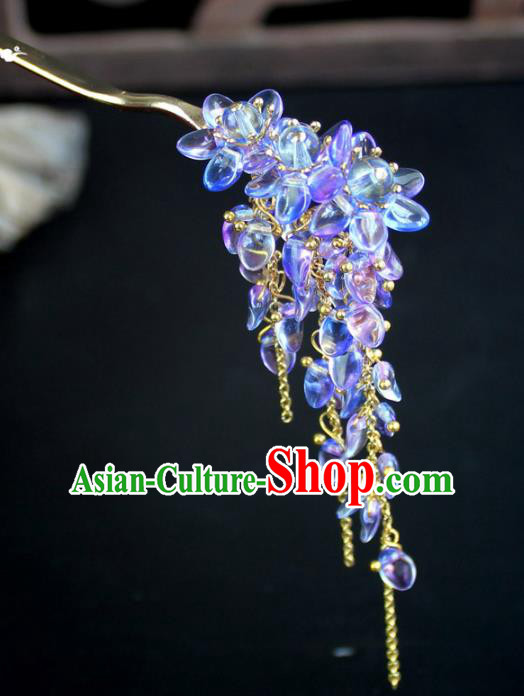 Chinese Ancient Handmade Hair Accessories Classical Hairpins Purple Crystal Tassel Hair Clips for Women