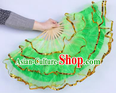 Chinese Folk Dance Props Accessories Stage Performance Yangko Green Folding Fans for Women