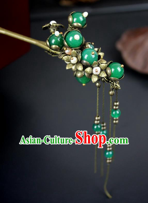 Chinese Ancient Handmade Hair Accessories Classical Hairpins Green Beads Hair Clip for Women