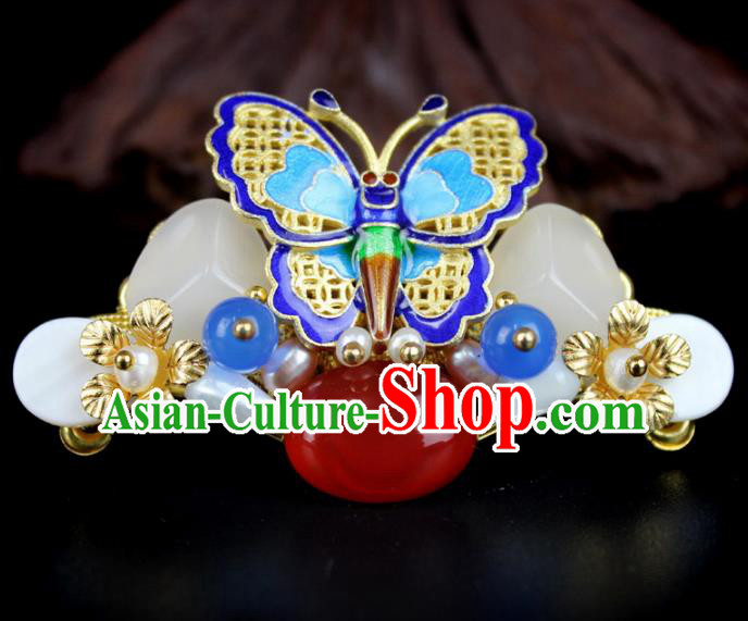Chinese Ancient Handmade Hair Accessories Classical Jade Hairpins Blueing Butterfly Hair Claw for Women
