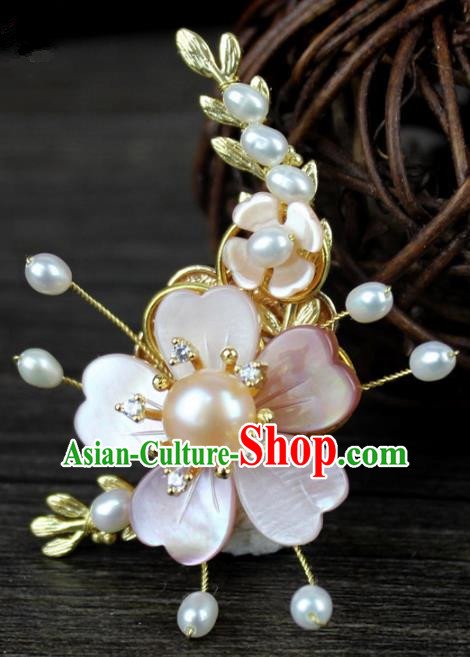Chinese Ancient Handmade Accessories Pink Shell Flower Brooch Hanfu Breastpin for Women