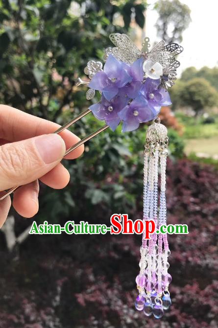 Chinese Ancient Handmade Hair Accessories Classical Tassel Hairpins Purple Flowers Hair Clip for Women