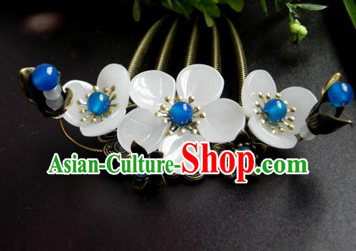 Chinese Ancient Handmade Hair Accessories Hairpins Classical Hanfu Blue Beads Flowers Hair Comb for Women