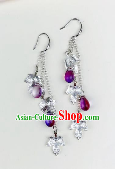Chinese Ancient Handmade Accessories Purple Beads Tassel Earrings for Women