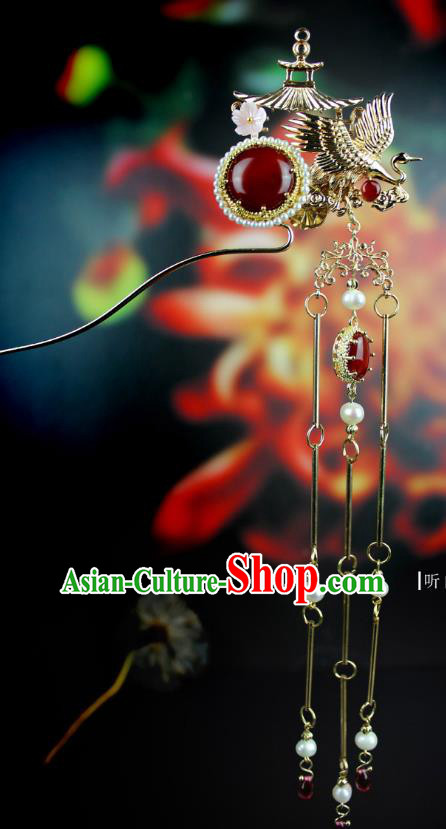 Chinese Ancient Handmade Hair Accessories Hairpins Classical Crane Tassel Step Shake Hanfu Hair Clip for Women