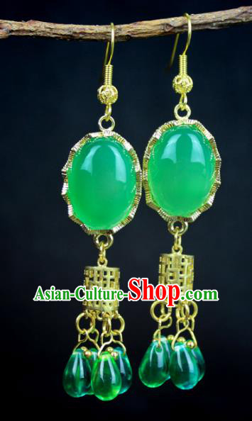 Chinese Ancient Handmade Accessories Green Agate Earrings Crystal Hanfu Eardrop for Women