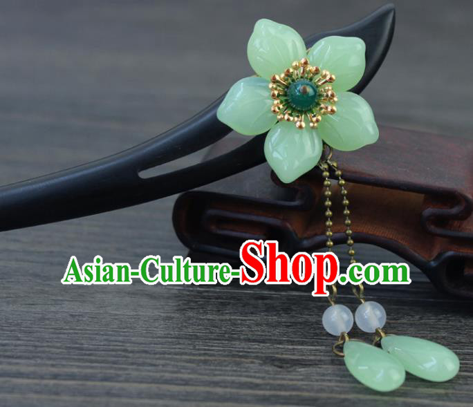 Chinese Ancient Handmade Hair Accessories Green Flower Hair Clip Classical Hanfu Ebony Hairpins for Women