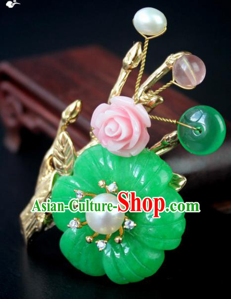 Chinese Ancient Handmade Accessories Jade Flowers Brooch for Women