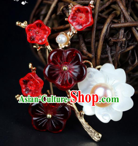 Chinese Ancient Handmade Accessories Red Plum Blossom Pearls Brooch for Women