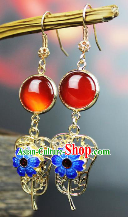 Chinese Ancient Handmade Accessories Agate Earrings Blueing Eardrop for Women