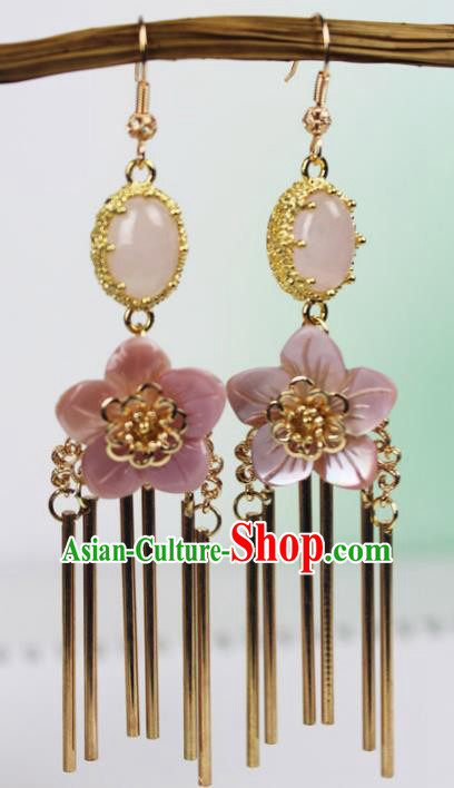 Chinese Ancient Handmade Accessories Agate Earrings Pink Flowers Eardrop for Women