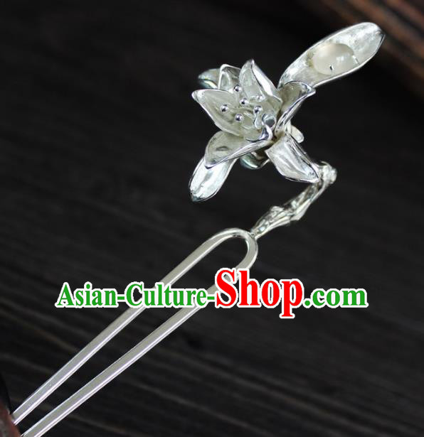 Chinese Ancient Handmade Hair Accessories Mangnolia Hair Clip Classical Hanfu Sliver Hairpins for Women