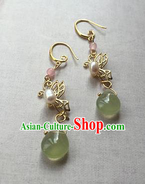 Chinese Ancient Handmade Accessories Hanfu Earrings Green Crystal Tassel Eardrop for Women