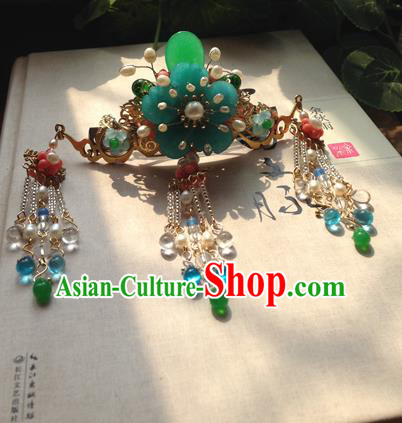 Chinese Handmade Ancient Hair Accessories Classical Hanfu Green Flower Tassel Hairpins for Women