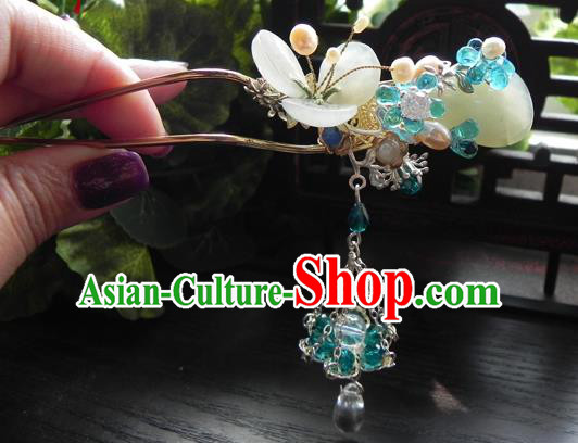 Chinese Handmade Ancient Green Beads Tassel Hairpins Hair Clip Classical Hanfu Hair Accessories for Women