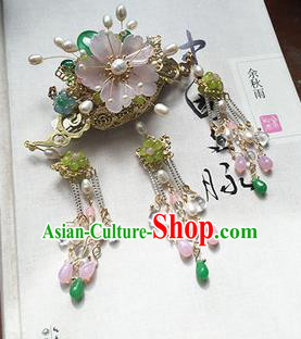 Chinese Handmade Ancient Hair Accessories Classical Hanfu Pink Flower Tassel Hairpins for Women