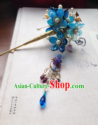 Chinese Ancient Hanfu Tassel Handmade Hairpins Hair Accessories Blue Flowers Step Shake for Women