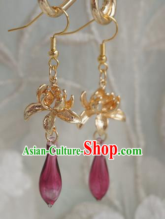 Chinese Handmade Ancient Golden Lotus Earrings Accessories Hanfu Crystal Eardrop for Women