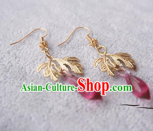 Chinese Handmade Ancient Golden Leaf Earrings Accessories Hanfu Crystal Eardrop for Women