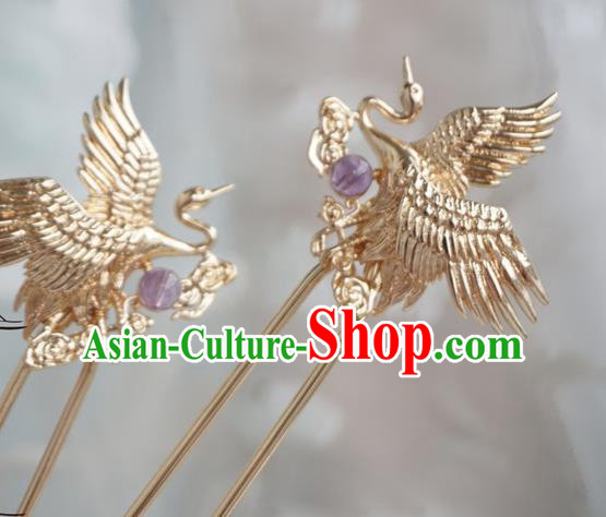 Chinese Ancient Hanfu Handmade Golden Crane Hairpins Hair Accessories Hair Clip for Women