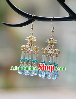 Chinese Handmade Ancient Jewelry Accessories Eardrop Hanfu Blue Beads Tassel Earrings for Women