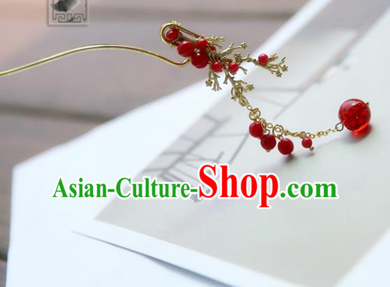 Chinese Ancient Handmade Hanfu Red Beads Tassel Step Shake Hairpins Hair Accessories for Women